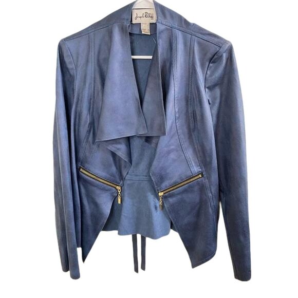 Joseph Ribkoff Blue Faux Leather Jacket with Gold Accents Size 8 - Picture 1 of 5